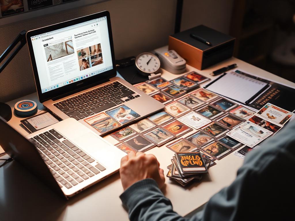 Designer laying out artwork for custom card sleeves on a laptop